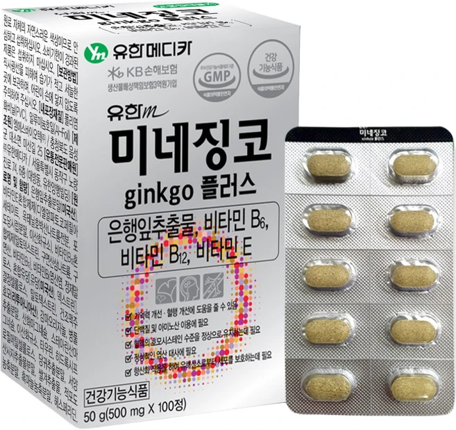 유한m 미네징코 100정 은행잎추출물150mg 비타민B6 비타민B12 비타민E 기억력 혈행개선, 50g, 1개 - 쿠팡