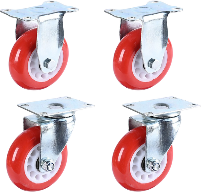 산업용 바퀴 우레탄 대차 3인치 7.5cm 빨강 4개구성, N1고정 2개+N2회전 2개, 1세트