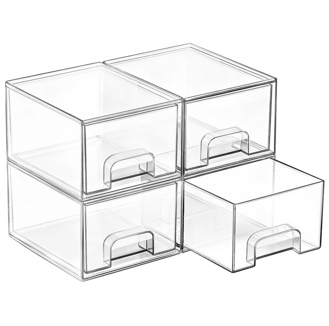 Vtopmart 슬라이딩 적층형 클리어 서랍장 다용도 화장품 수납 정리함 소형 1+1, 2세트, 투명