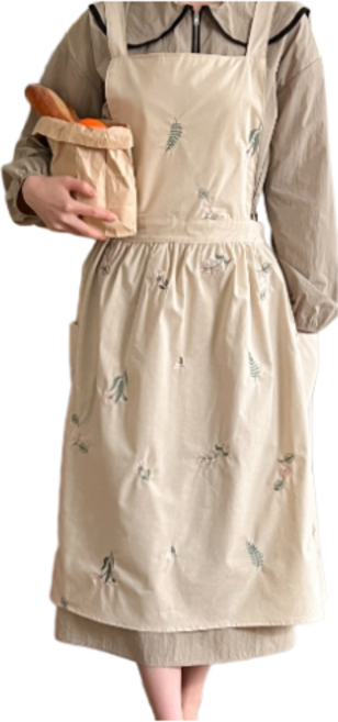 드로우데이즈 프릴 꽃 자수 방수 앞치마, 베이지, 1개