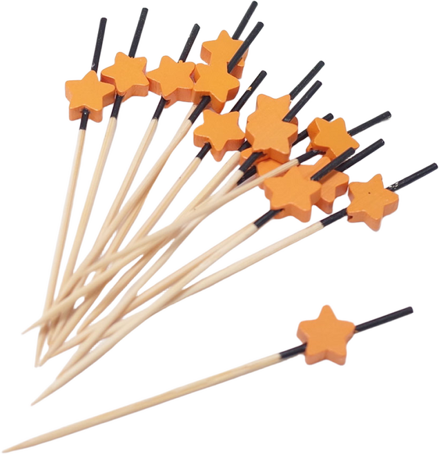 일회용 대나무 장식용 별모양 주황 꼬지 9cm, 1개, 100개입