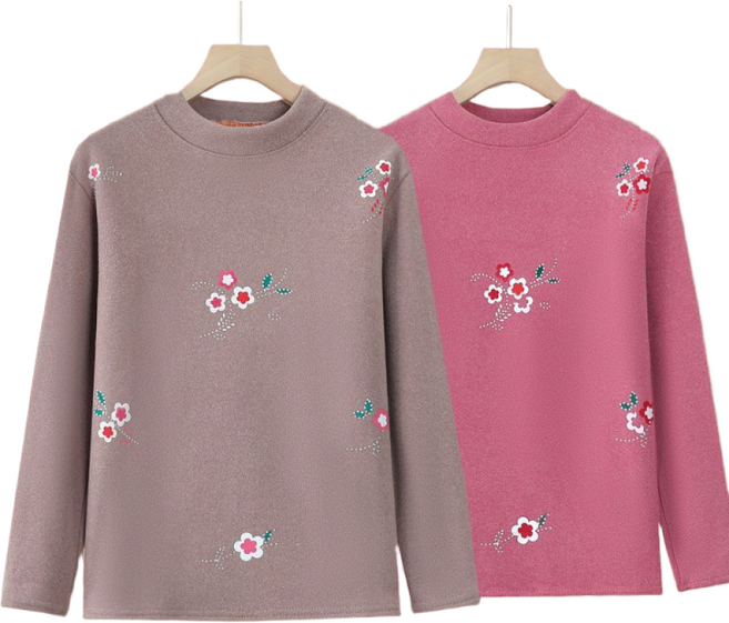 1+1 중년 여성 가을 겨울 기모 풀오버 상의 엄마복 패션 여성 도톰 반폴라 긴팔티 추동 여자 이너 티셔츠 빅사이즈 YJW