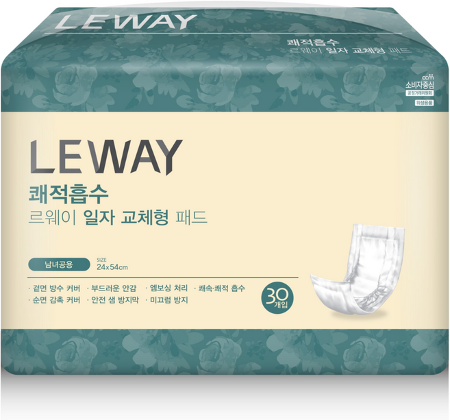 미래생활 남녀공용 르웨이 쾌적흡수 일자 교체형 패드형 성인기저귀, 30개입, 1개
