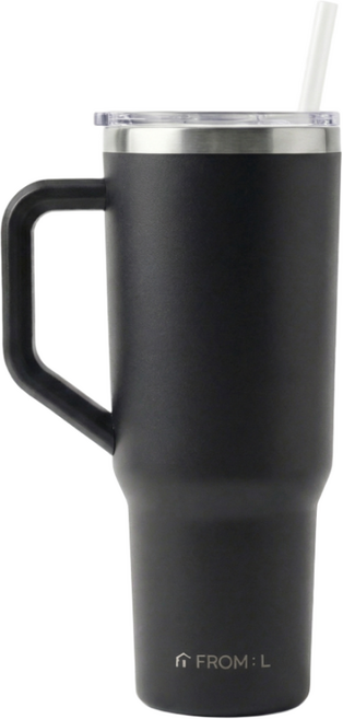 프로멜 보온보냉 대용량 빨대 손잡이 텀블러, 1개, 1180ml, 블랙