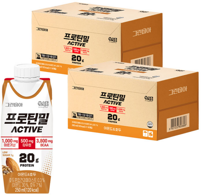 정식품 그린비아 프로틴밀 액티브 아몬드와호두맛 프로틴음료 고단백질영양설계 아르기닌 저당설계, 36개, 250ml