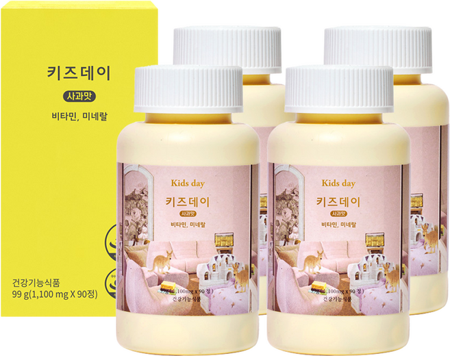 베러데이 키즈데이 어린이 종합 영양제 어린이 멀티 비타민 미네랄 츄어블 사과맛, 90정, 4개