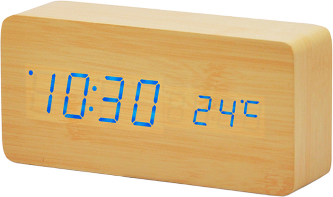 내추럴 우드 LED 무소음 탁상시계 전원어댑터 포함 우드시계 알람시계, 옐로우우드 블루LED
