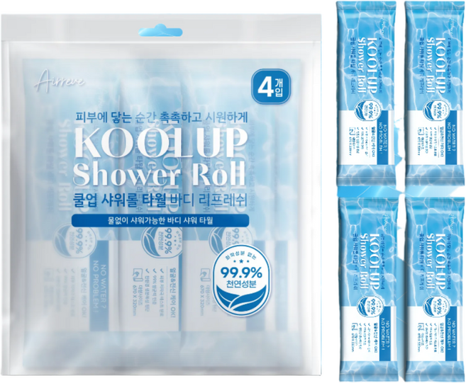 에어레브 쿨업 샤워롤 천연 성분 99% 물 없이 샤워 가능한 웻타월 바디 샤워티슈 특대형 임산부 환자용 여행용 입원 몸닦는 바디 티슈 국내 제조, 1개, 4개입