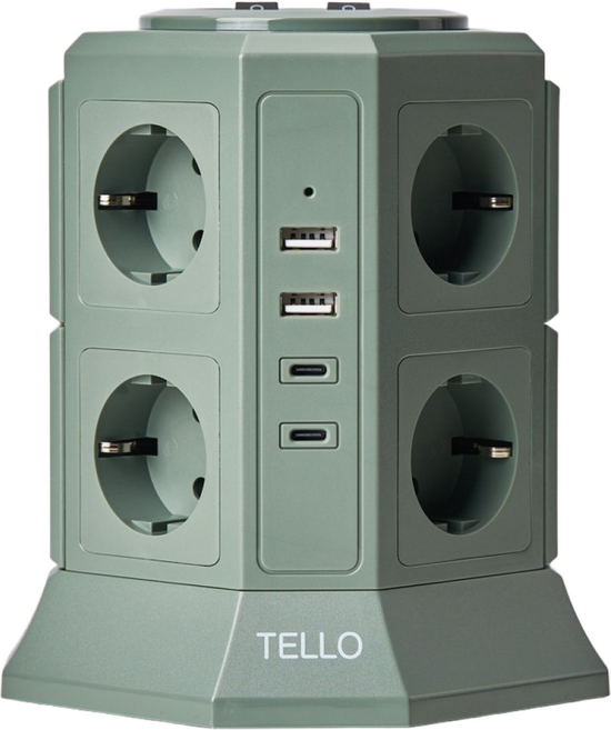 텔로 과부하차단 USB 타워 컬러 멀티탭 12구 KC인증 접지 안전 고급 멀티탭 선정리 가능한 인테리어 예쁜 귀여운 디자인 C타입 콘센트, 2m, 딥카키, 1개