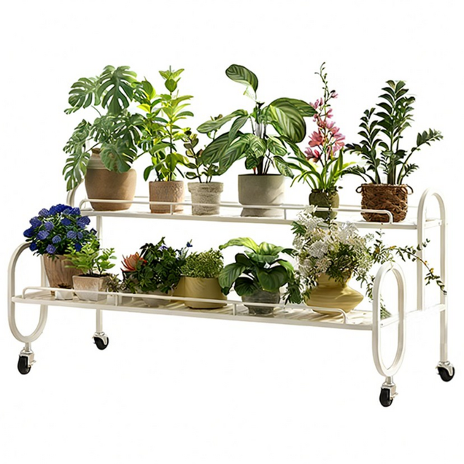 이동식 철제 화분 정리대 인테리어 다용도 수납 선반 화분진열대, 화이트-120cm, 2단