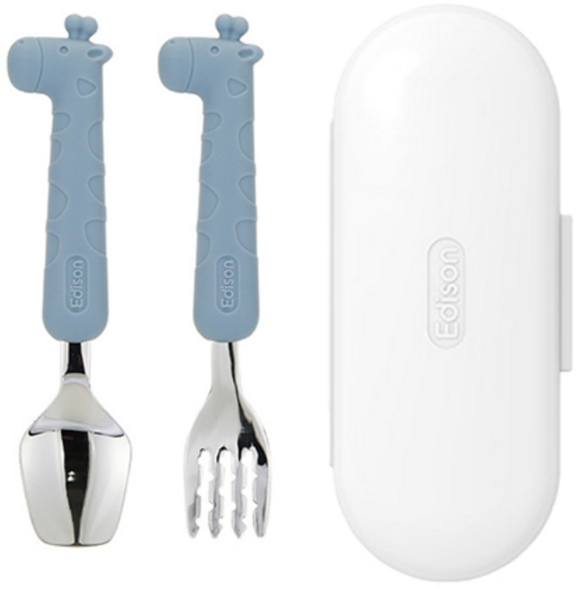 에디슨 실리콘 스푼 포크 케이스 세트 베이비, 기린블루, 스푼 + 포크 + 케이스, 1세트