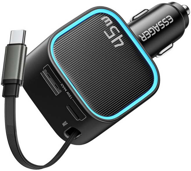 ESSAGER 동시3대충전 3포트 릴타입 USB A타입 차량용 고속충전기 멀티형 C타입 시거잭/시가잭 충전기 PD/QC3.0/FCP/SCP/Sumsang/Apple2.4, 블랙, 1개