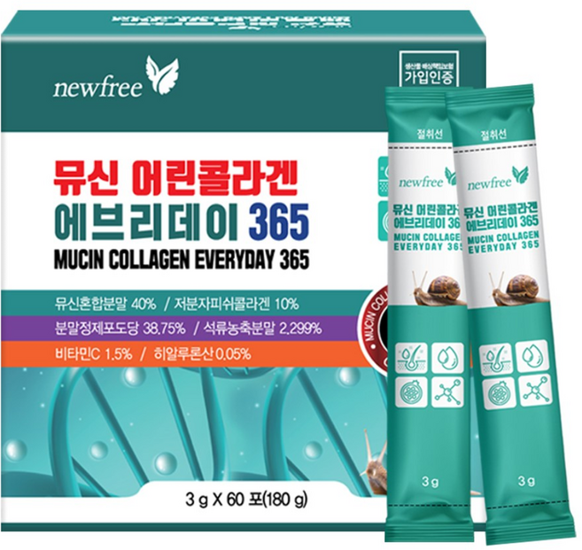 뉴프리 뮤신 어린콜라겐 60포/뮤신혼합40%/콜라겐/히알루론산/엘라스틴/진피3대요소, 1개