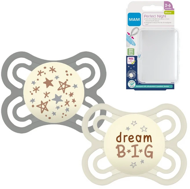 맘베이비 퍼펙트나이트 실리콘 쪽쪽이 2p+간편세척 케이스 그레이 아이보리, 2-6개월, 1세트 - 쿠팡