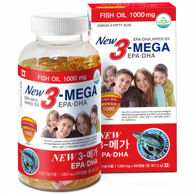 프리미엄 캐나다 오메가3 1000mg New3-MEGA EPA & DHA 비타민E 함유 300캡슐, 1개, 300정
