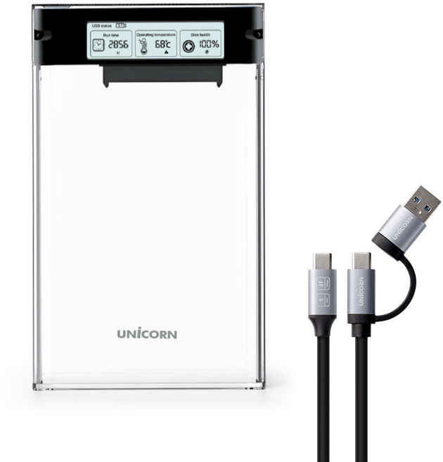 유니콘 스마트LCD 2.5인치 HDD SSD 투명외장하드케이스 USB3.2Gen1 A+C타입젠더 슬라이딩결합 HSD-L30