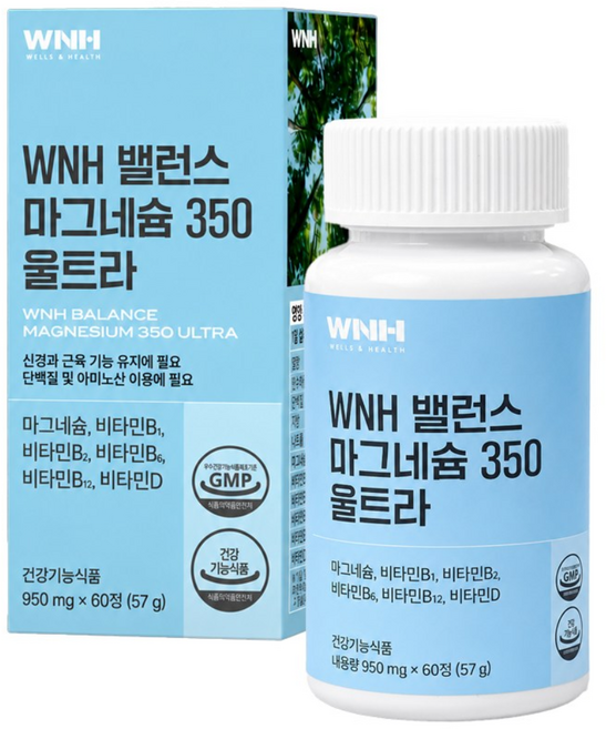 웰스앤헬스 고함량 프리미엄 마그네슘 350 타블렛 비타민B 비타민D 포함, 2개, 60정