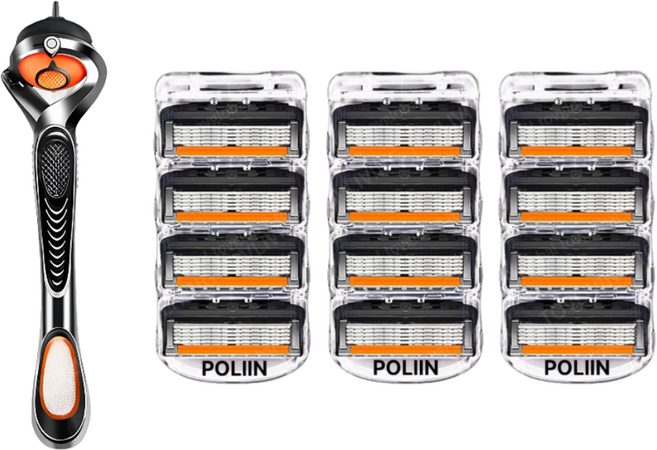 POLIIN 호환 신형 프로글라이드 질레트 면도날 블랙주황+ 스윙 면도기, 12개입, 1세트