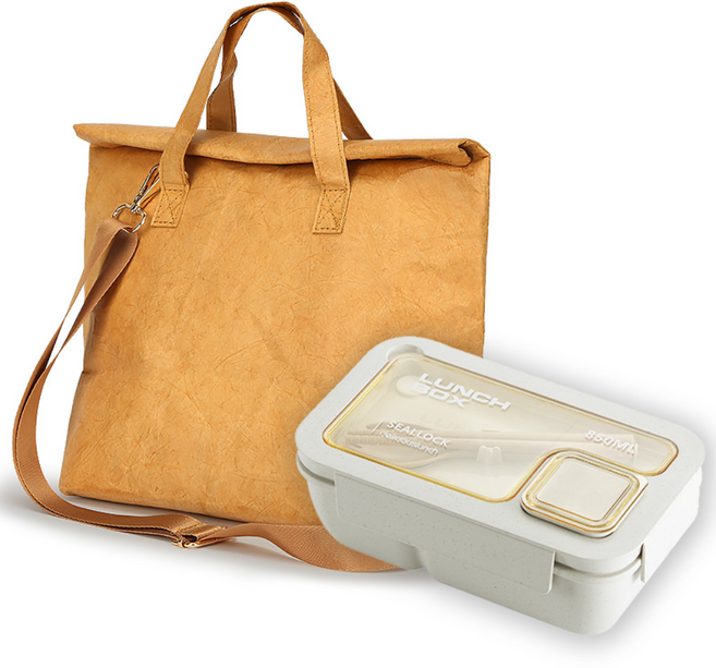 온다온 샐러드 도시락통 + 타이백 도시락가방 세트 밀짚 밀프랩 용기 런치박스 직장인, 1세트, 샐러드통(850ml) + 브라운