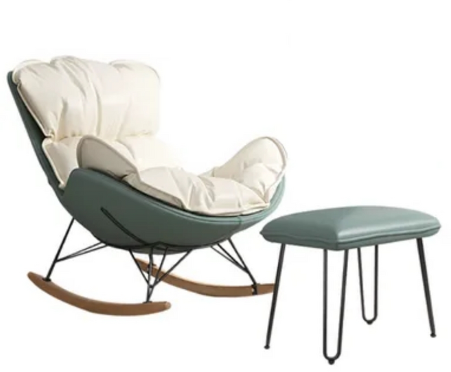 쿠시에 Cushie 포근한 프리미엄 럭셔리 흔들의자 리클라이너 스윙체어 안락의자 북유럽 독서의자 1인쇼파, 1개, 16. 베이지+그린블루+풋스툴[내마모성 가죽]