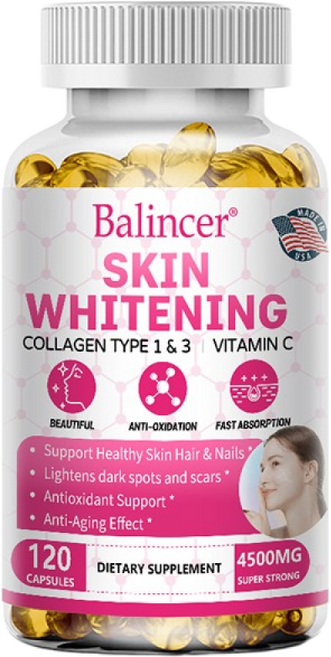 피부 미백 보충제 - 글루타티온 콜라겐 비타민 C 함유 - 피부 모발 손톱 및 뼈 건강 노화 방지 항산화제 지원, 2개, 120정