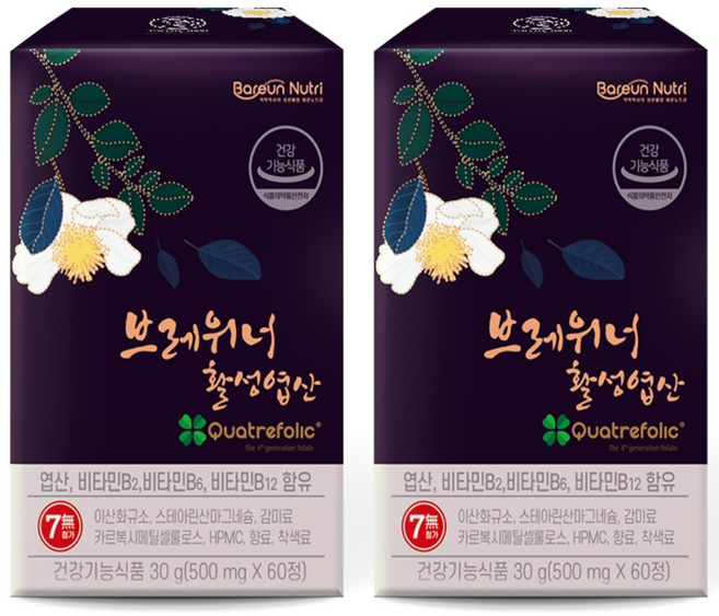 브레위너 활성 엽산 1000 무첨가 임신 준비 임산부 영양제, 60정, 2개