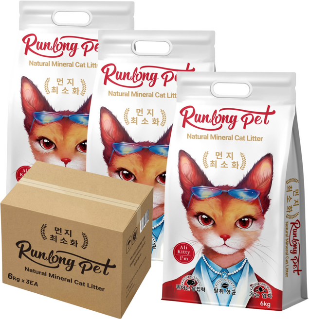 RUNLONG PET 고양이 모래 벤토나이트 오리지널 대용량 먼지없는 가는입자 캣 샌드, 6kg, 3개, 무향