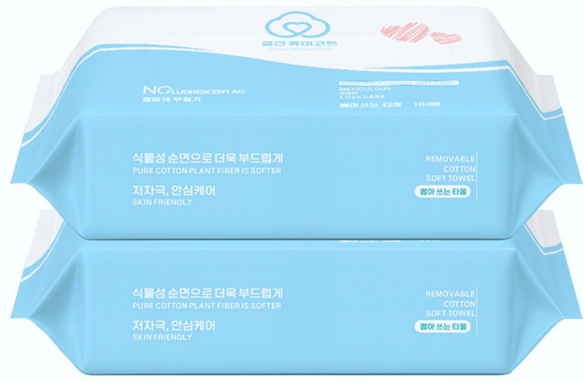 클린퓨어코튼 천연 순면 일회용 페이스타올, 2개, 100매