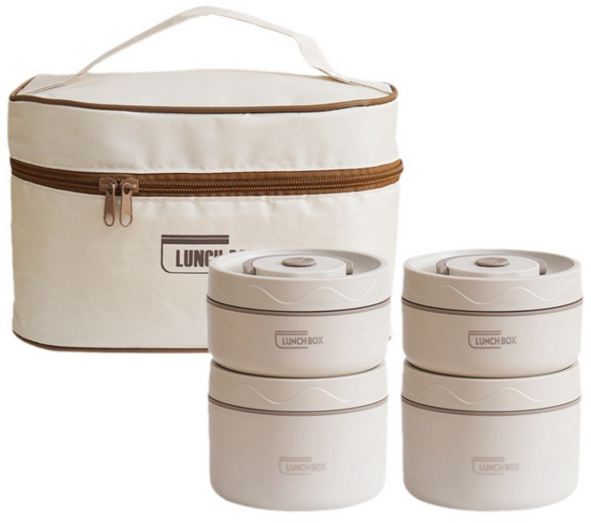Thund Leod 304 스테인리스 원형 보온도시락 단 전자레인지 사용 가능 보온가방 세트 직장인 휴대용 런치박스, 1개, 베이지 4단