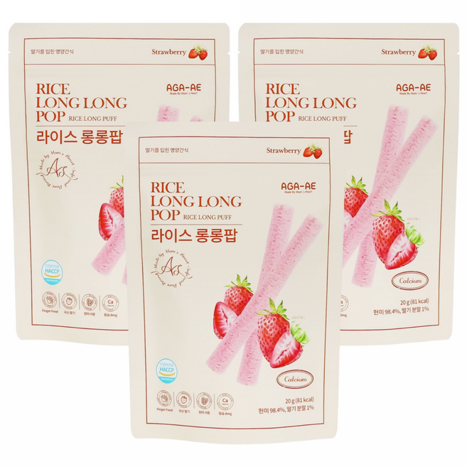 라이스롱롱팝 유기농 쌀과자 떡뻥, 20g, 3개, 딸기