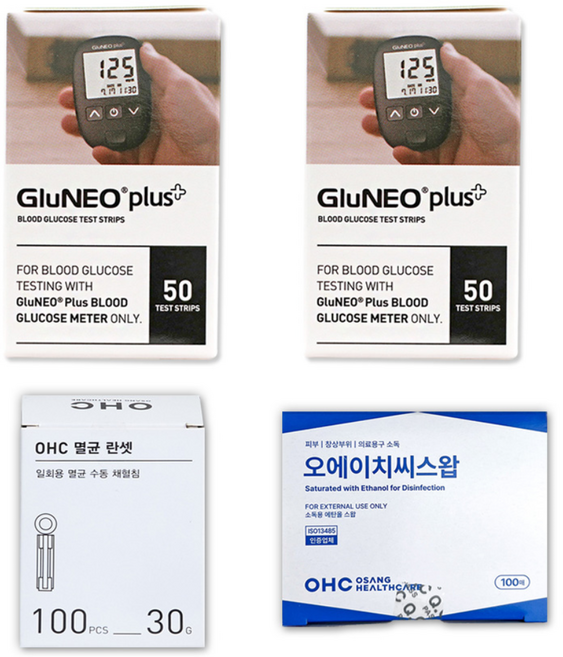 오상헬스케어 글루네오 플러스 혈당시험지 당뇨혈당체크지 세트 (혈당시험지 100매 + 채혈침 100개 + 알콜솜 100매) elevee, 1세트, 100개입