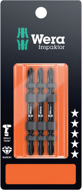 WERA 베라 05344224001 다이아몬드 십자 임팩 토션비트 851/23 PH2x65mm (1팩 3pcs), 1개