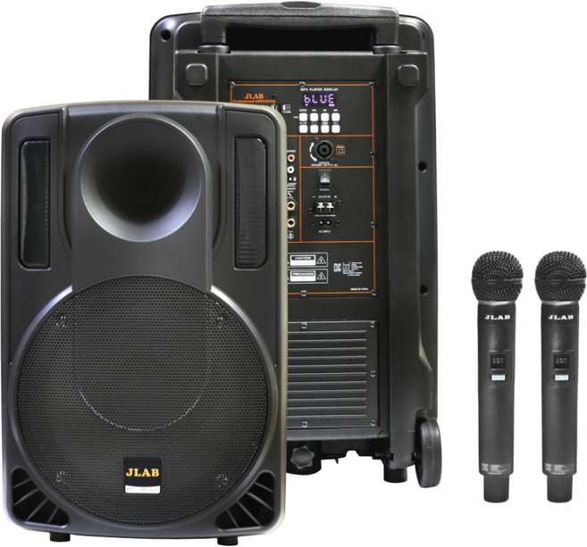 사운드바이 이동형 앰프 스피커 12인치 행사용 버스킹용 300W 무선 마이크 2개, 핸드마이크2개