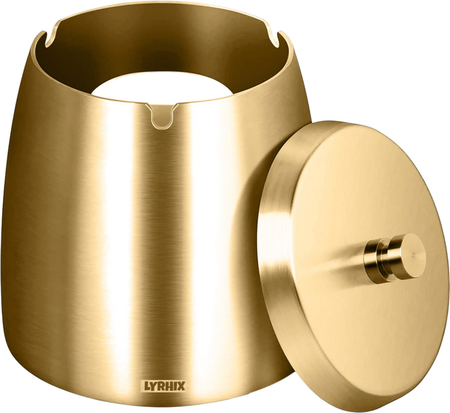 LYRHIX 가정용재떨이 업소용재떨이 폭풍스텐재떨이 뚜껑재떨이 재떨이 뚜껑있는재털이 아빠를위한선물친구를위한선물 크리스마스 선물, 1개, 골드 M