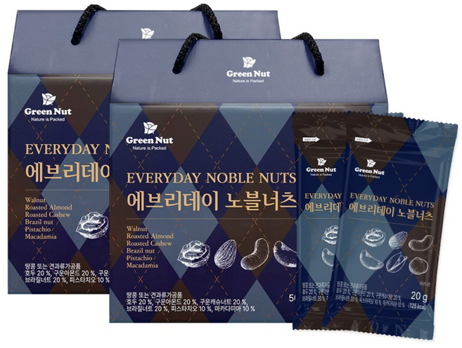 New 6종순수견과 에브리데이 노블너츠 하루 견과류 선물 세트 한줌 견과, 2세트, 500g