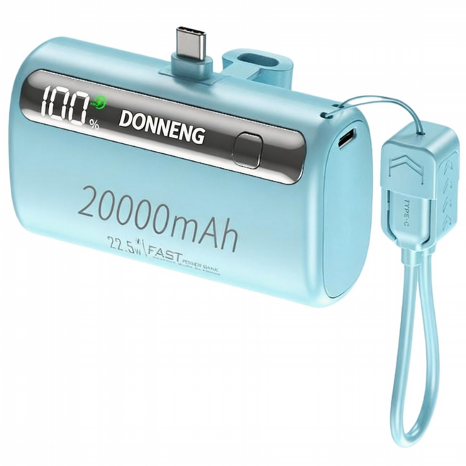 DONNENG 小型行動電源20000mAh Type-C/Lightning 直插充電頭 快充22.5W 配Type-C掛繩充電線, 藍色, Type-C充電頭