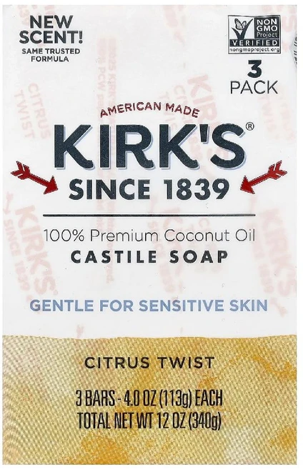 커크스 프리미엄 코코넛 캐스틸 비누 시트러스 트위스트 113g 민감 피부용 천연 코코넛 오일 바솝 (원산지 미국), 알로에 베라, 3개 - 쿠팡