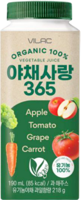 비락 유기농 100% 야채사랑 365, 190ml, 5개