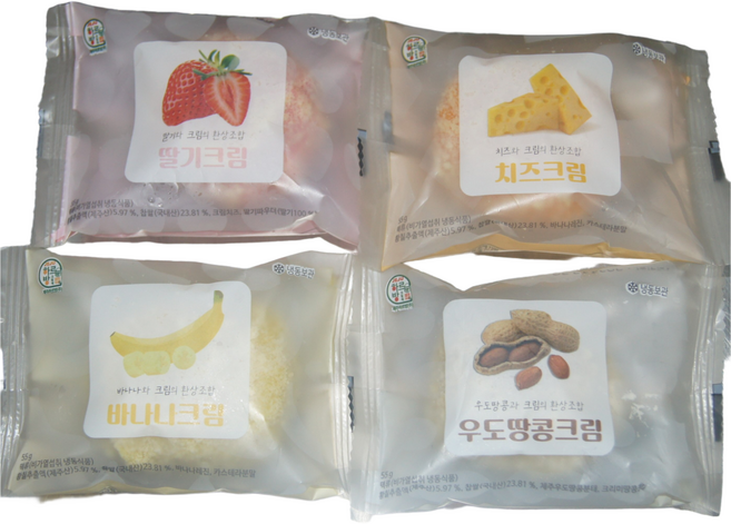 제주 생크림떡30개입 (4종류:우도땅콩 딸기 바나나 치즈) 오후 3시까지 주문하시면 다음날 배송 도착합니다 단 금요일15시~일요일 15시까지 주문분 월요일 도착, 30개, 55g