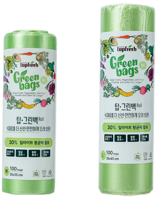 탑.그린백-롤 (대형 중형) - 과일 채소 신선유지/항균/항취 일라이트 항균제 30% 함유 고기능성 비닐, 혼합, 2개, 100개