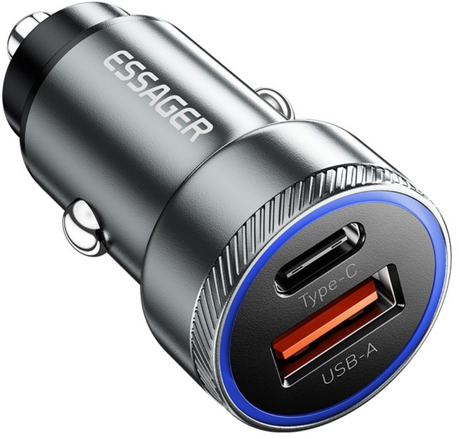 Essager 54W A+C 2포트 차량용 시거잭 고속 충전기, 실버