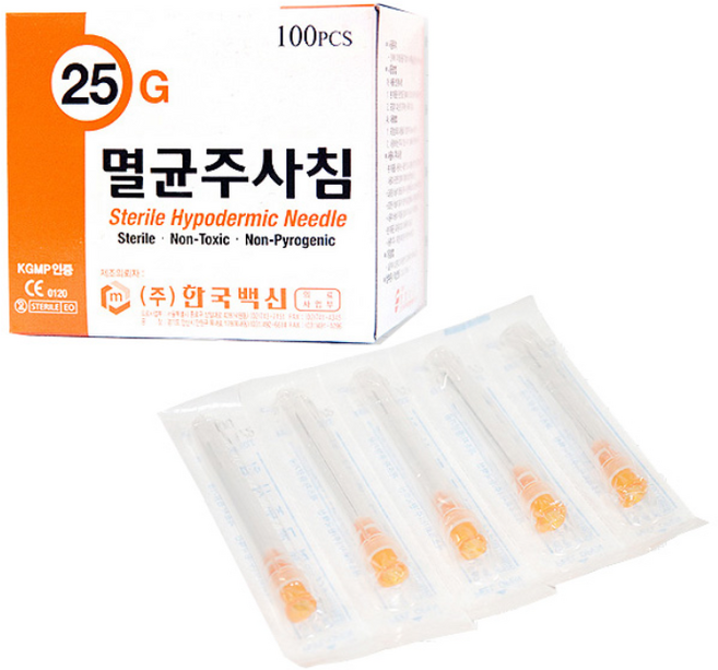 한국백신 일회용주사침 25G 5/8inch 주사침 25게이지, 1개
