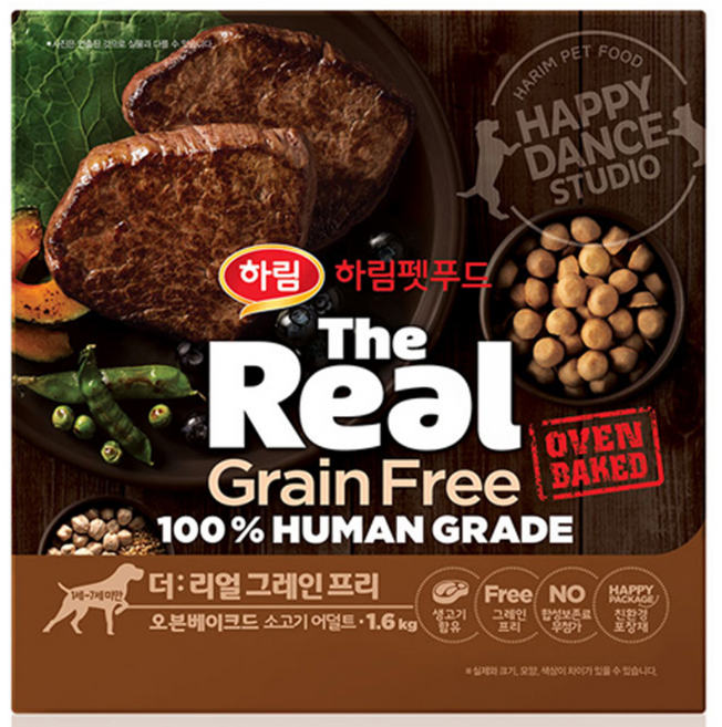 하림펫푸드 더리얼 그레인프리 오븐베이크드 어덜트 강아지사료, 소, 1.6kg, 1개