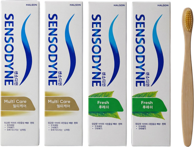 (약국정품) 센소다인 멀티케어 120G x 2개 + 후레쉬 120G x 2개 대나무 칫솔 패키지 시린이 개선 잇몸건강 치약 대용량, 4개