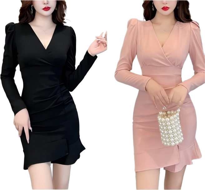 JQS V넥 빅사이즈 XL 셔링 슬림핏 미니원피스 긴팔 데이트룩 1346