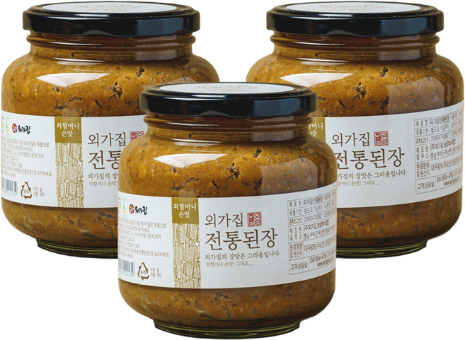 부여 외가집 전통된장 부여 굿뜨레인증제품 외갓집 재래식 시골 집장 재래식 국산콩100% 수제 명인 조선 명품 발효 우리콩 숙성 3년 촌 노란 씨된장 구수한 묵은 항아리, 1kg, 3개