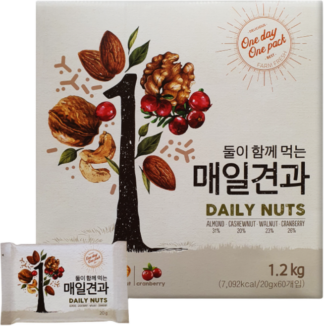 대봉식품 둘이 함께 먹는 매일 견과, 20g, 60개