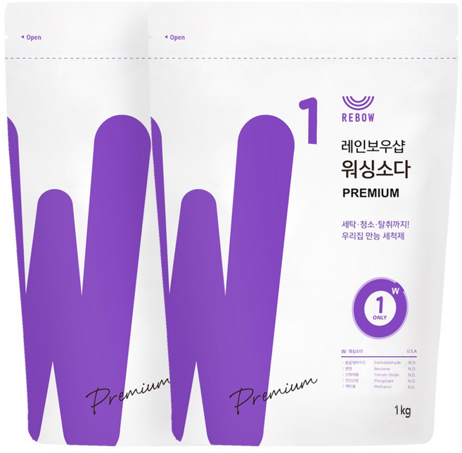 레인보우샵 프리미엄 워싱소다 세탁세제 리필, 1kg, 2개