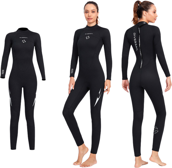 DIVE&SAIL 여성용 다이빙슈트 3mm 서핑슈트 수영 웻수트 잠수복, 블랙