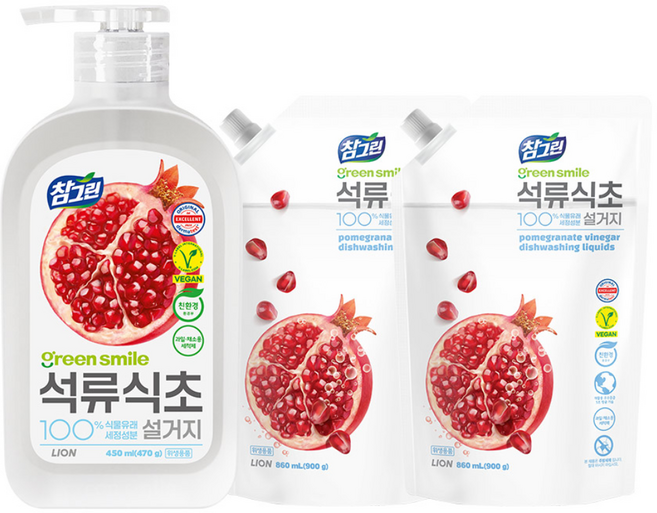 CJ LION 참그린 석류식초 용기1개+리필2개 주방세제, 1개